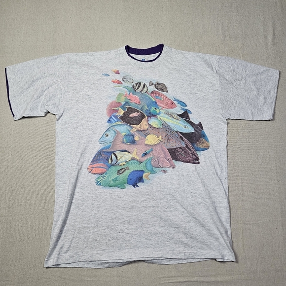 Vintage Single Stitch Fish Design Tee Shirt By Artist F. Cheney Size XL - Picture 1 of 9